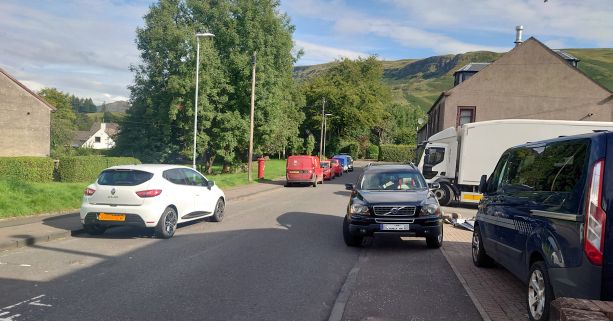 Inconsiderate parking outside Greens, Strathblane